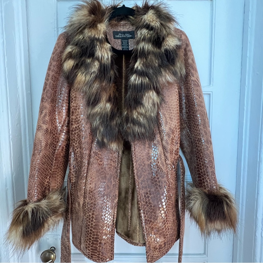 Fur lined snake print leather jacket